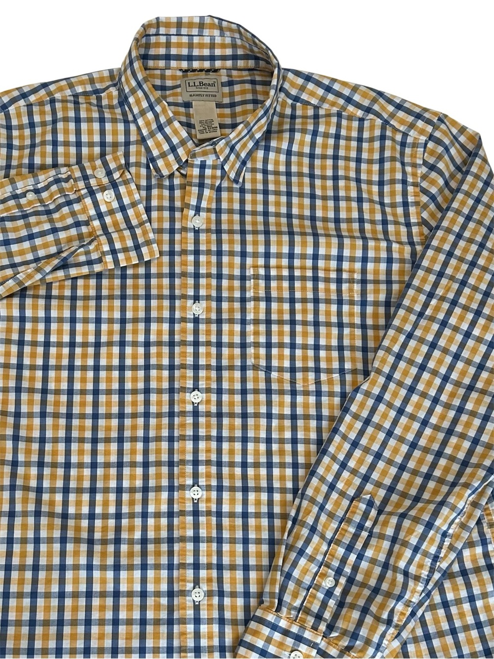 L.L. Bean Button Down Shirt Blue Orange Plaid Check Pattern Slightly Fitted XL